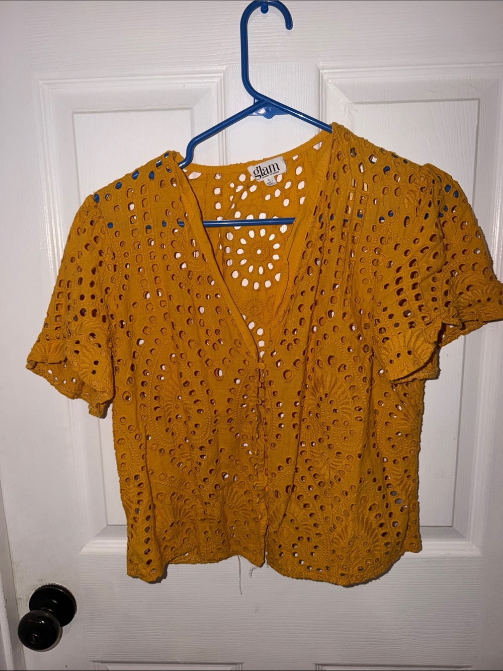 glam Mustard Eyelet V-Neck Short Sleeve Blouse
